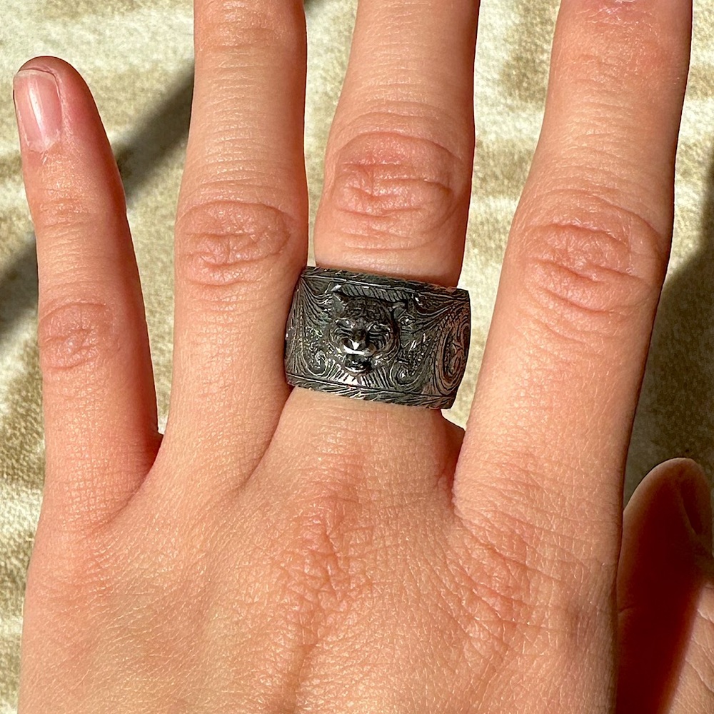 Sterling Feline Head and Double G Emblem Gucci Ring